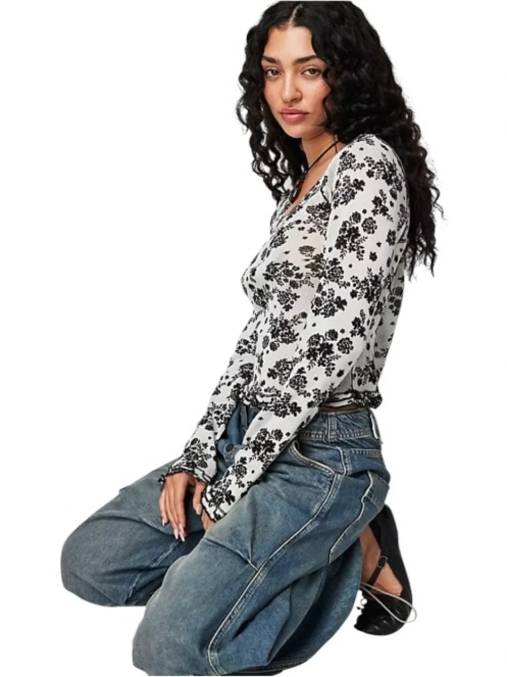ALTERED Free People Garner Long Sleeve Thermal Floral Ruffle size M